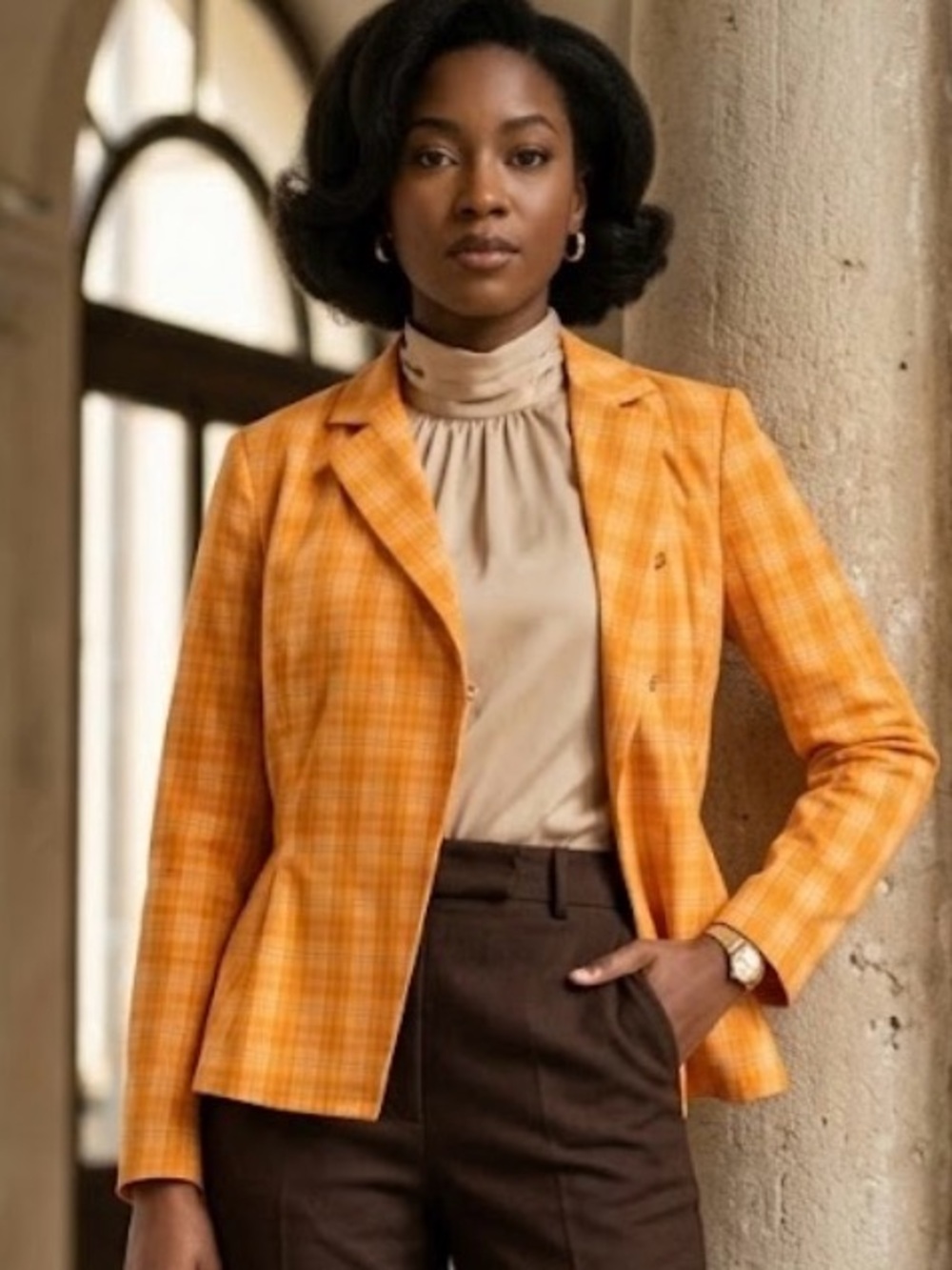 Women's Orange Plaid Tailored Blazer